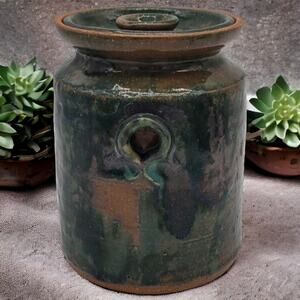 Artist Signed Vintage Studio Water Vessel Lid Green Drip Glaze Crock Jar Pottery